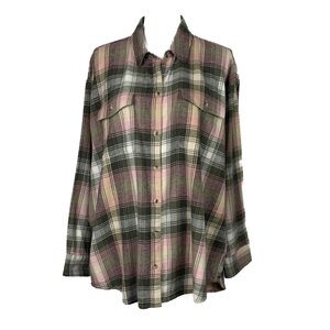 Old Navy Women Size XL Boyfriend Shirt Flannel Plaid Green Pink 90s Grunge